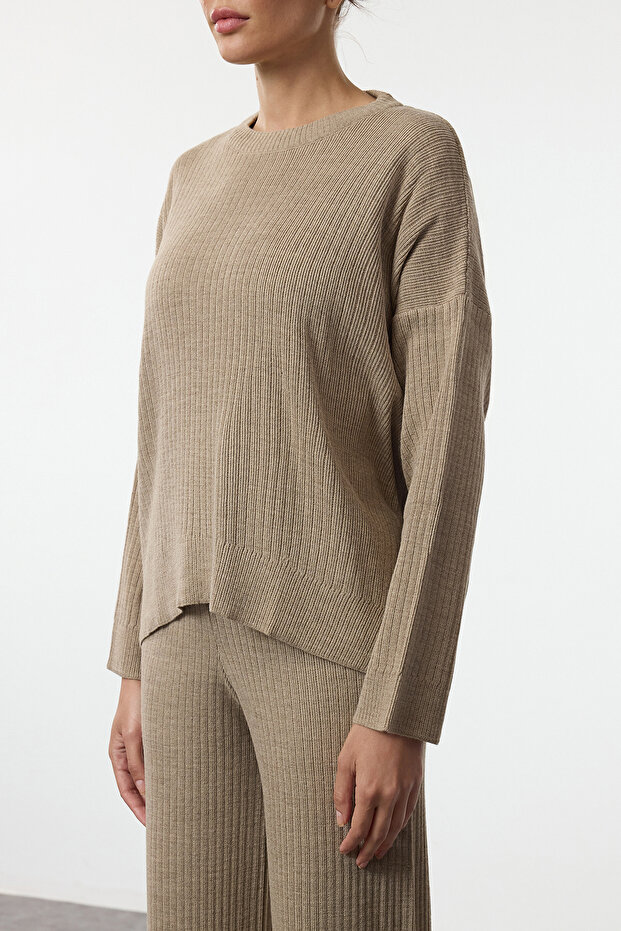 Bej Geniş Kalıp Basic Fittilli Triko Alt-Üst Takım TWOSS20AU0084 - 3