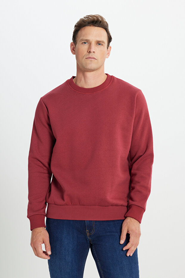 Erkek Bordo Standart Fit Normal Kesim Içi Polarlı 3 Iplik Bisiklet Yaka Pamuklu Sweatshirt - 3