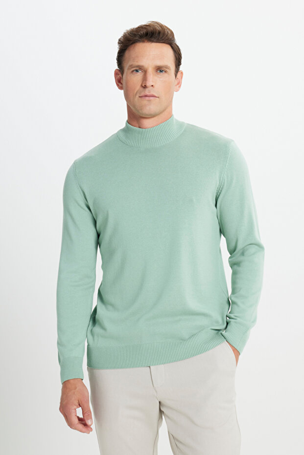 Men's Aqua Green Standard Fit Regular Cut Half Turtleneck Cotton Knitwear Sweater
