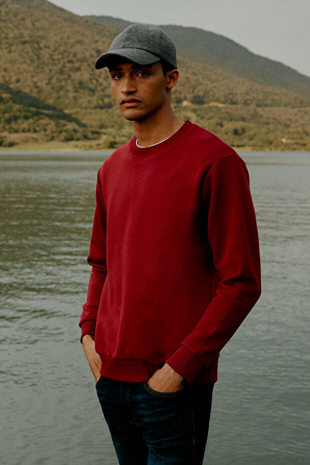 Erkek Bordo Standart Fit Normal Kesim Içi Polarlı 3 Iplik Bisiklet Yaka Pamuklu Sweatshirt - 1