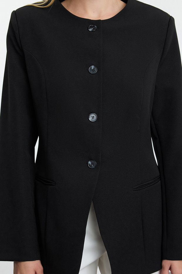 Siyah Yuvarlak / Bisiklet Yakalı Fitted Bele Oturan Dokuma Blazer Ceket TWOAW25BC00009 - 10
