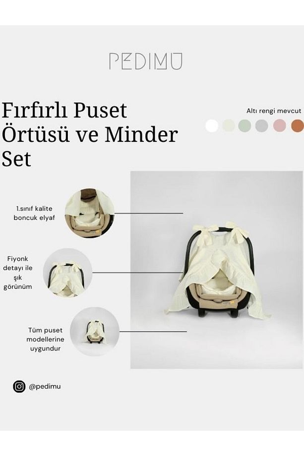 Müslin Soft Renk Fırfır Detaylı Puset Örtüsü Ve Puset Minderi Set - 2