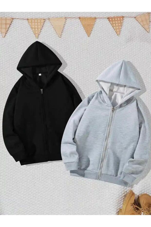 Girl/Boy Printed Zippered Cardigans Hooded 2 Pack? Package Black-Grey Color