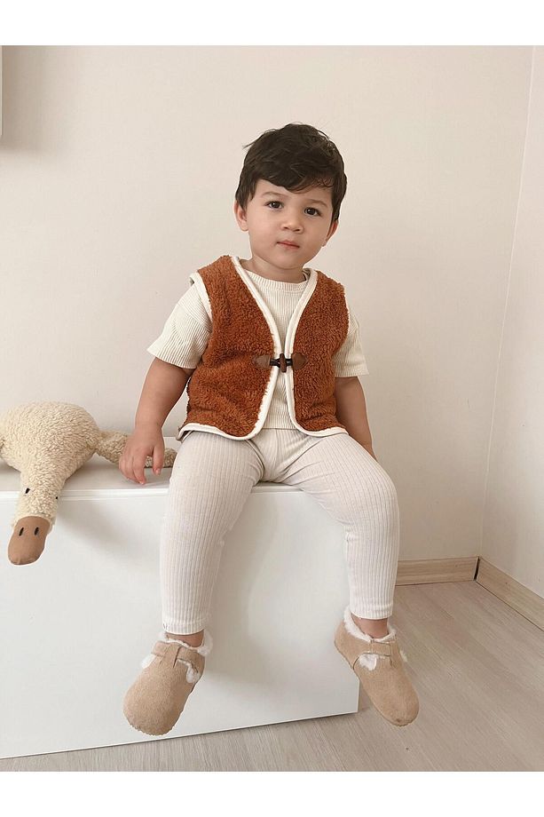 Kız Erkek Bebek ve Çocuk Welsoft Kışlık Peluş Yelek Önden Deri Bağlamalı - 5