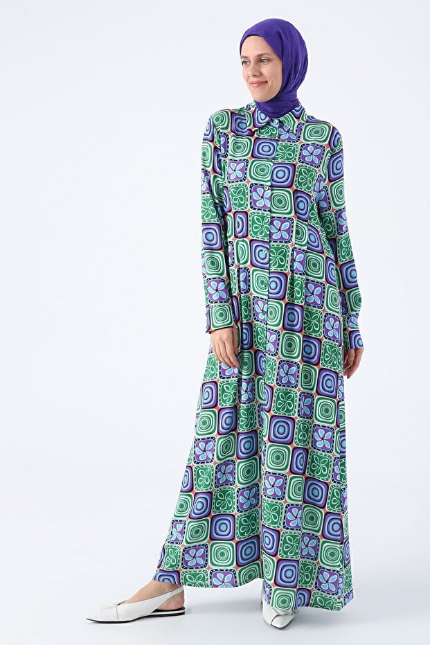 Green-Purple Darted Patterned Viscose Shirt Dress