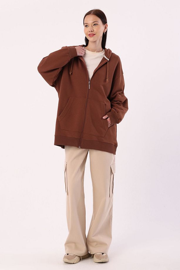 Açık Kahve Kanguru Cepli Oversize Sweat Hırka - 5