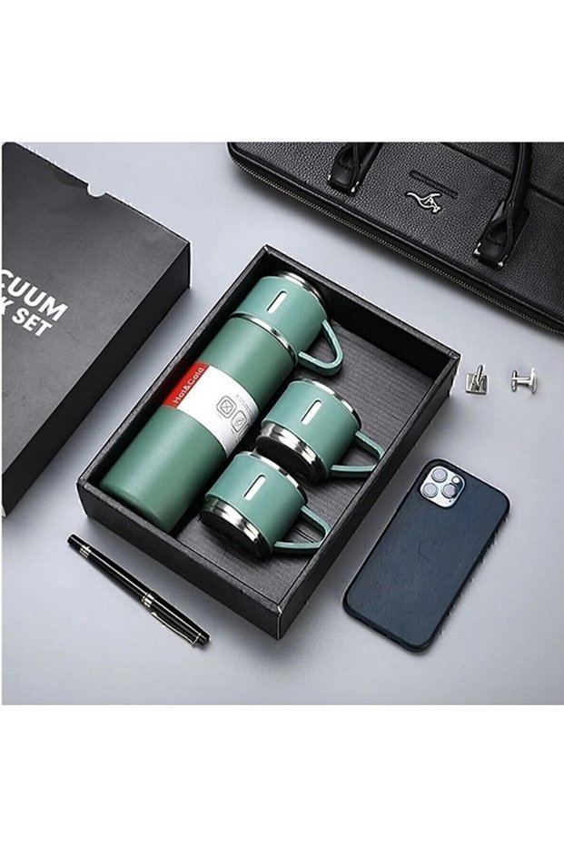 Stainless Steel Thermos Green Color 3 Glass Thermos Set Vacuum Thermos Set