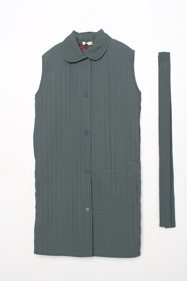 Küf Oversize Çıtçıtlı Dikey Çizgi Uzun Kapitone Yelek - 5