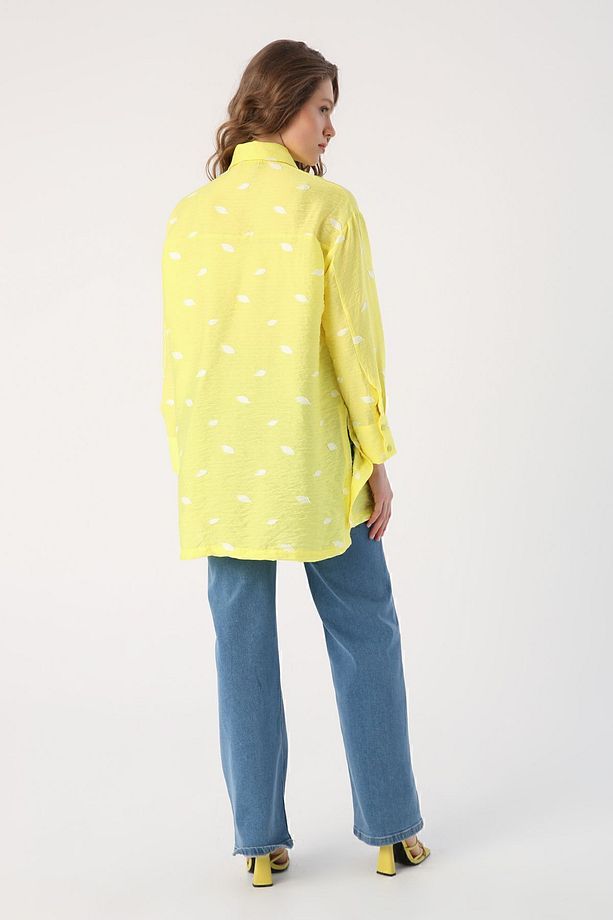 Sarı Oversize Yırtmaçlı Desenli Gömlek Tunik - 4