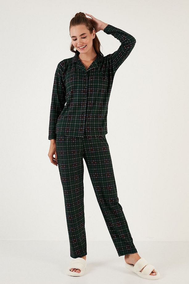 Desenli Beli Lastikli Gömlek Yaka Dokuma Pijama Takımı PİJAMA TAKIMI 6095660 - 7