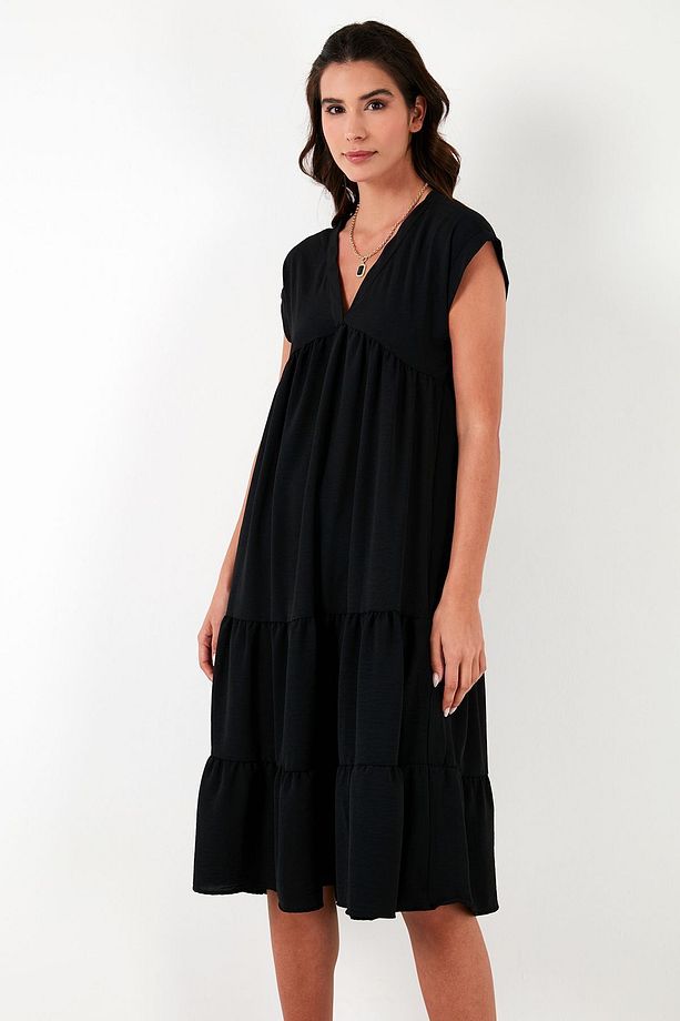 Relaxed Fit V Yaka Volanlı Midi Elbise  ELBİSE 66923982S4 - 3