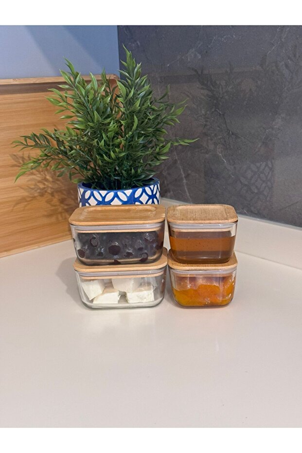 Bambu Kapaklı Cam Kahvaltılık seti 4 adet vakumlu saklama kabı - 2
