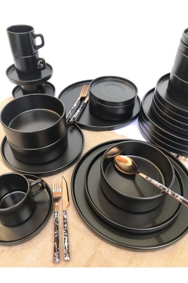 Stackable Mat Siyah 30 Parça 6 Kişilik Yemek Kahvaltı Takımı - 1