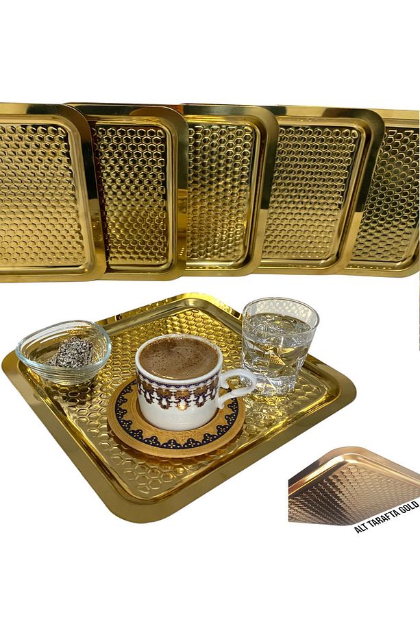 6 Adet Gold Altın Kare Damla Desenli Kahve Servis Sunum Tepsi & Tabağı (21X21CM) - 3