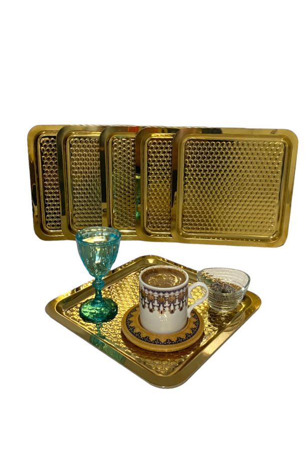 6 Adet Gold Altın Kare Damla Desenli Kahve Servis Sunum Tepsi & Tabağı (21X21CM) - 8
