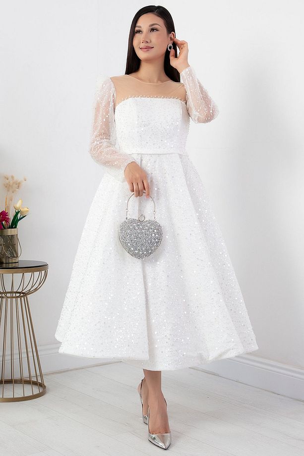 Göğüs Tül Detay Pulpayet Tül Elbise ECR5809 - 3