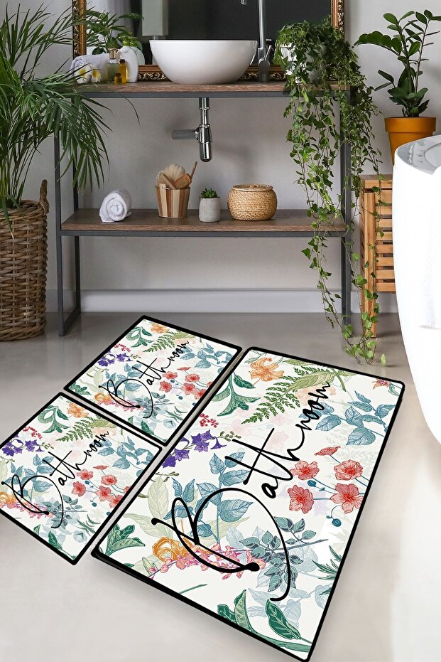 Green in Flower Set of 3 Bathroom Rug Bath Mat