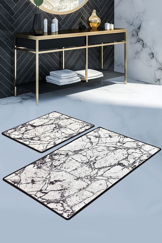Marble Beyaz 2'li Set Banyo Halısı, Paspas Kaymaz Tabanlı Djtbanyo - 1