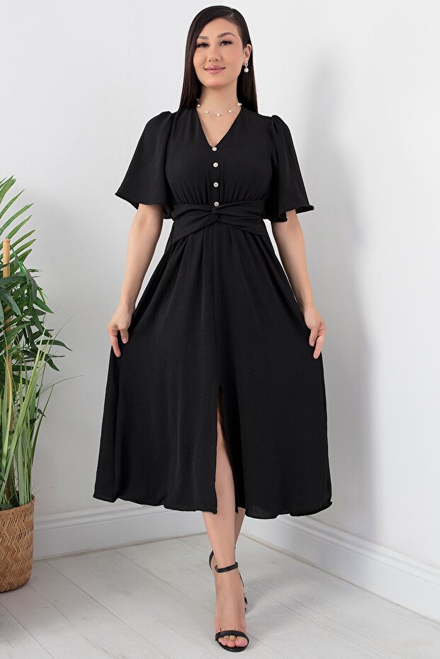 Önü Düğmeli Baplamalı Kemerli Elbise GRS3484 - 4