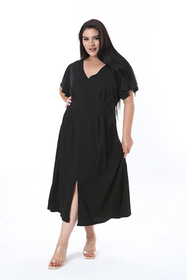 Women's Plus Size Black Wrinkled Fabric V-Neck Front Slit Dress 65N38312