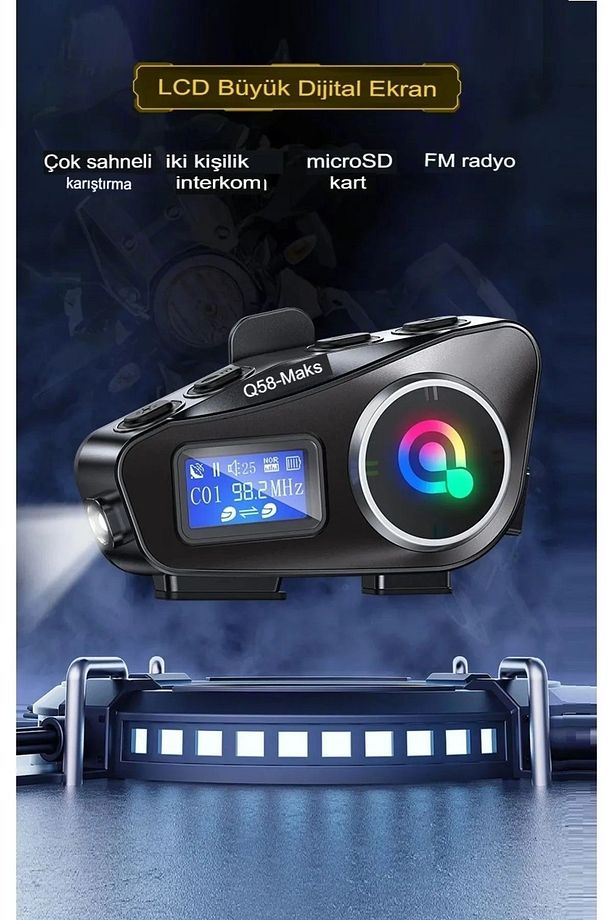Q58-MAX Radyolu 2 Kişi Bağlantılı Bluetooth Kask Kulaklık Ekranlı Fenerli Müzik ve Telsiz Intercom - 5
