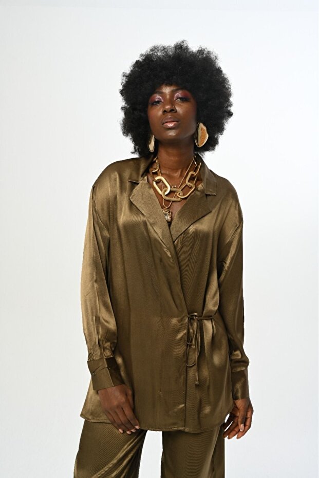 Women's Solid Color Satin Shirt with Side Ties