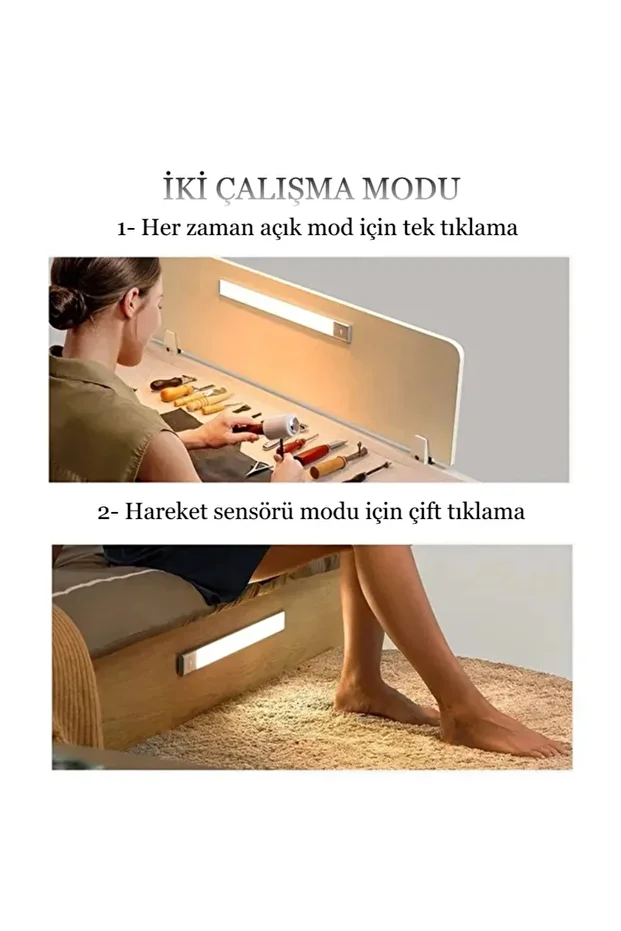 60 CM Gece Lambası USB Şarj Edilen Hareket Sensörlü Kitap Okuma Mutfak Dolabı Yatak Odası Gardırop - 3