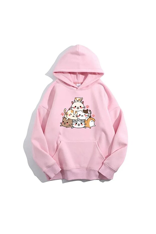 Pink Cat Printed Unisex Oversize Hooded Cotton Sweatshirt