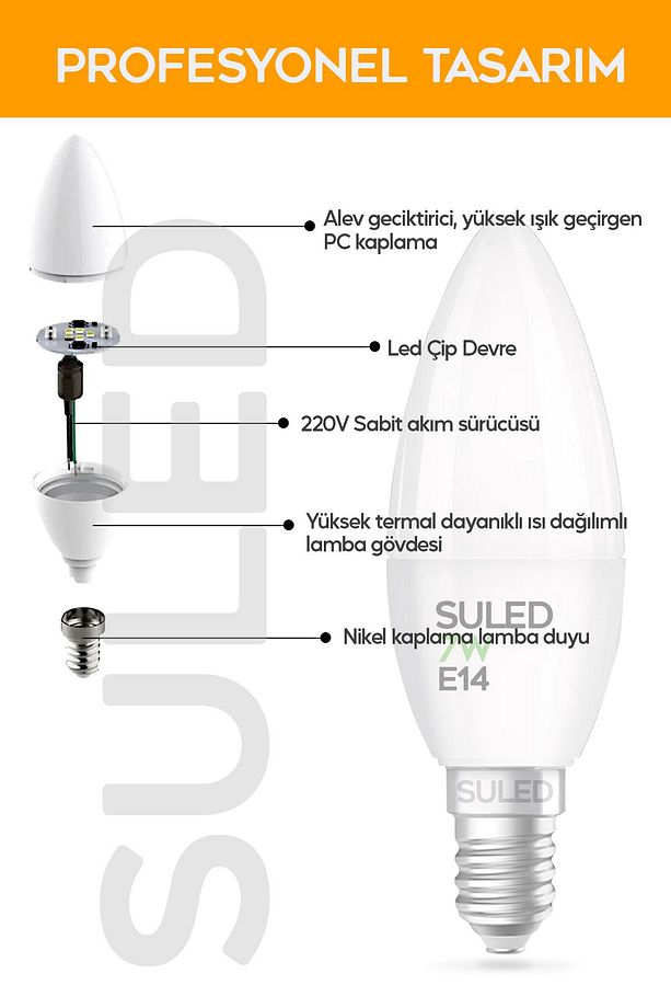 Grafen E14 Duy Gün Işığı 3 Adet Mum Buji Ampul Avize Abajur Lambası Ince Duylu Lamba 5'li Set - 6