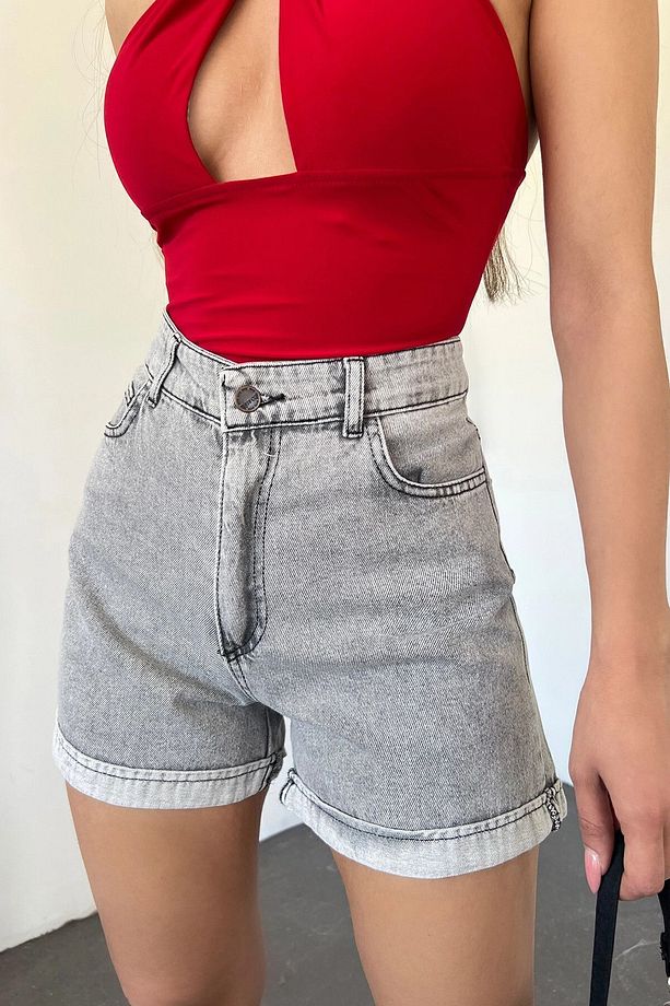 Kadın Gri Duble Paça Yıkamalı Denim Şort Bcdf-233307 - 1