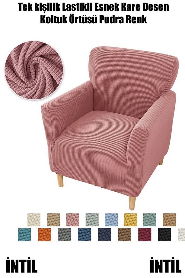 Likrali Streç Lastikli Esnek Kare Desen Berjer Tek Kişilik Kotuk Örtüsü Koltuk Kılıfı Sofa Cover - 6