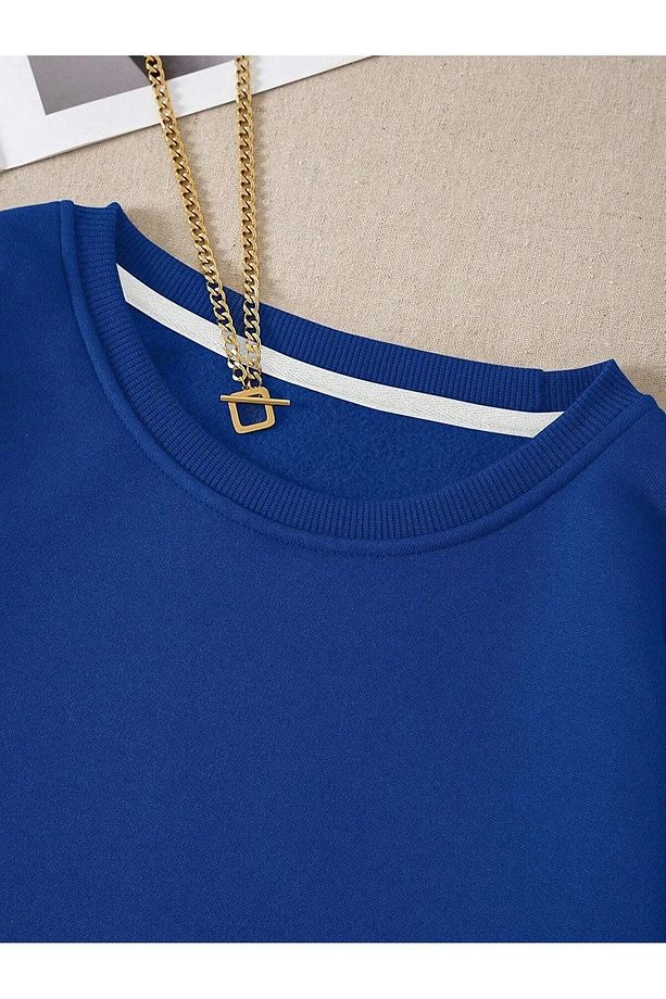 Unisex Bisiklet Yaka Oversize Sweatshirt Düz Baskısız ( Soft ) Geniş Kalıp - 3
