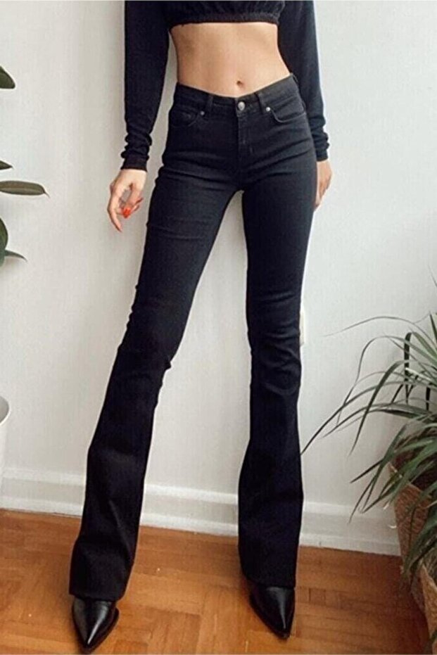 Hot Women Black Flared Leg Denim Pants High Waist Flared Jeans Compressor