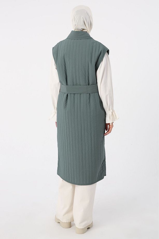 Küf Oversize Çıtçıtlı Dikey Çizgi Uzun Kapitone Yelek - 4