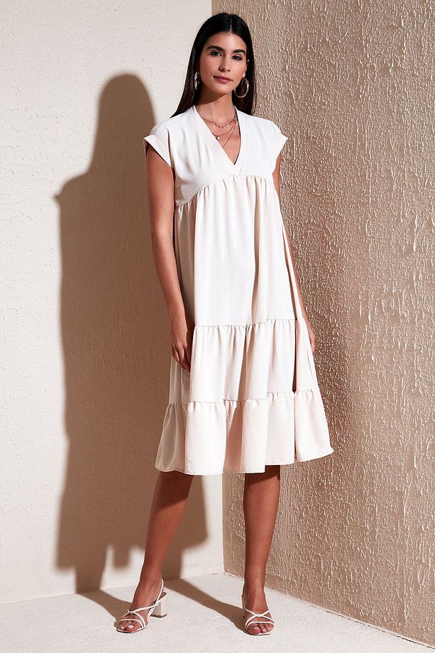 Relaxed Fit V Yaka Volanlı Midi Elbise  ELBİSE 66923982S4 - 1
