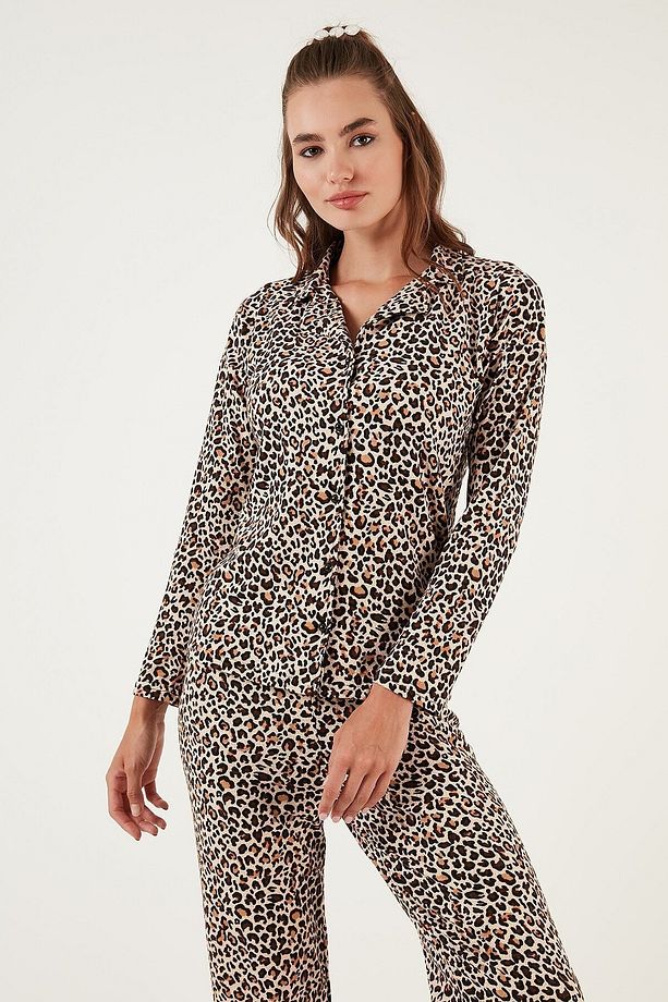 Desenli Beli Lastikli Gömlek Yaka Dokuma Pijama Takımı PİJAMA TAKIMI 6095660 - 3