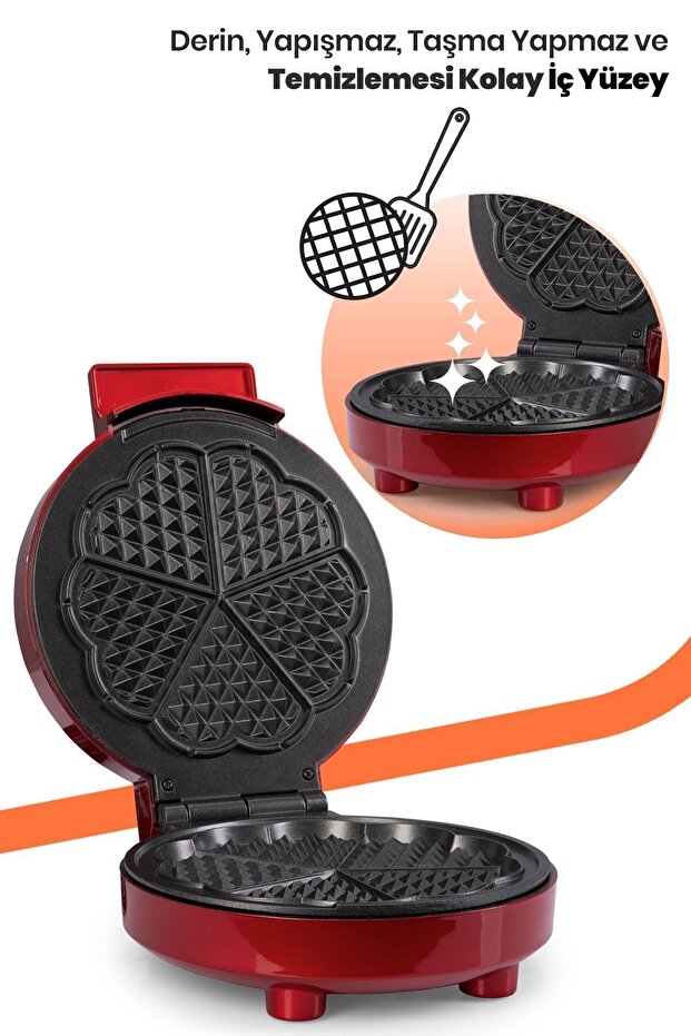 Sugar 1000W Red Waffle Machine - Anti-Overflow Deep Plate, Temperature Controlled - 4
