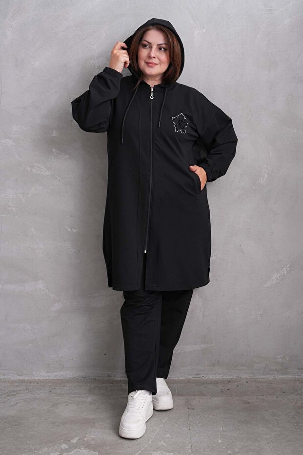 Large Size Hooded and Stone Detailed Black Hijab Tracksuit Set