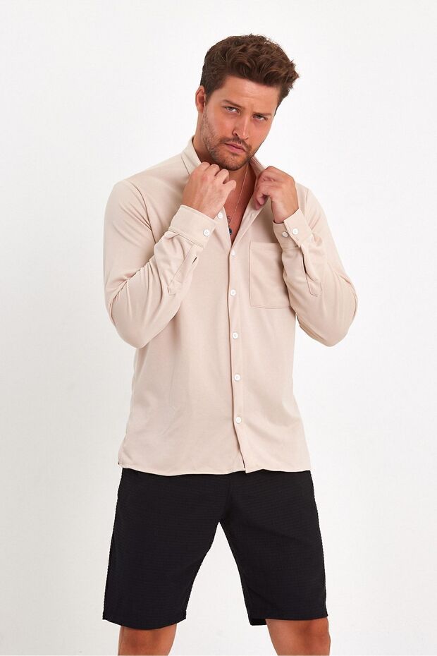 Men's Beige Regular Fit Shirt Textured Shirt with Collar Pocket