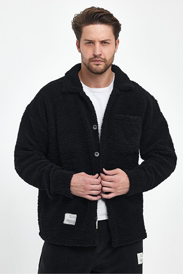 Men's Black Plush Oversize Fit Shirt Collar Winter Casual Single Pocket Jacket