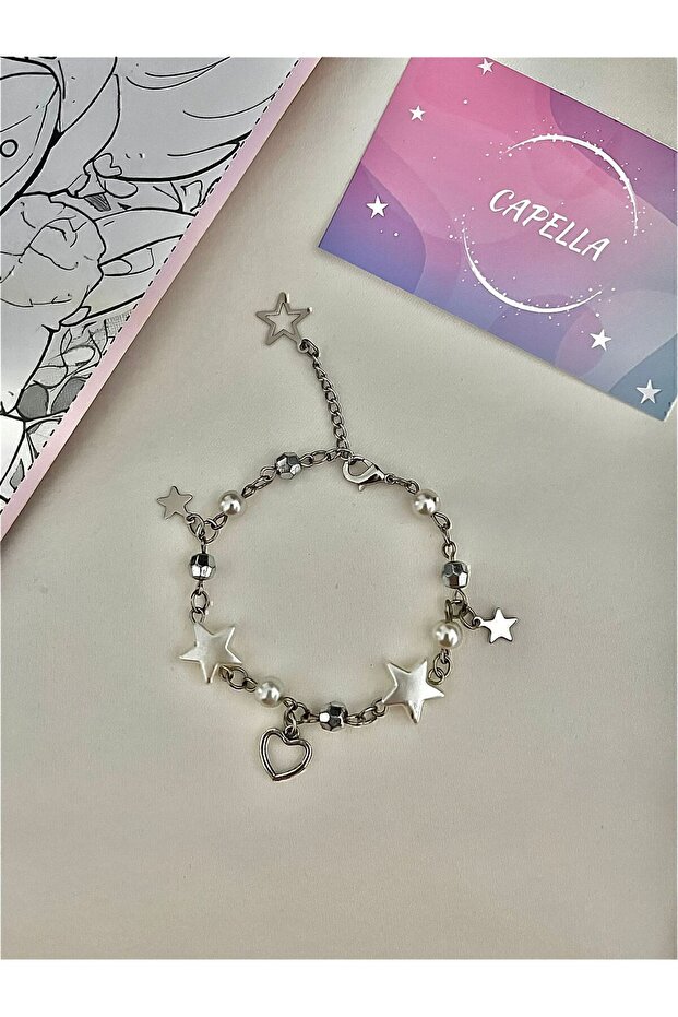 Starry Fairycore Coquette Y2K Bracelet with Heart and Pearls