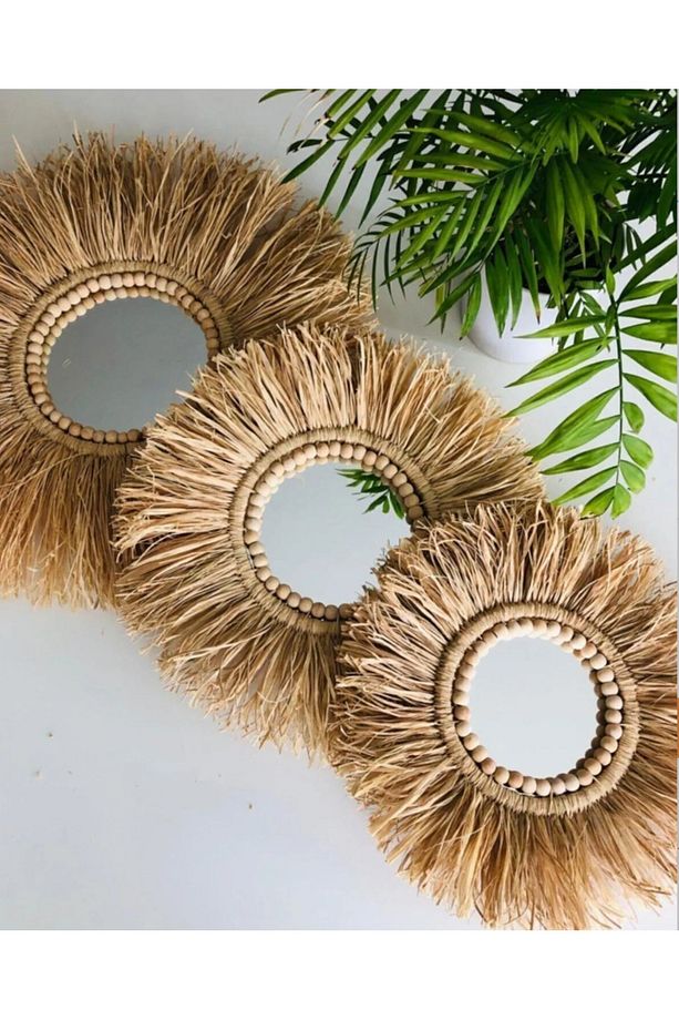 Dekoratif Aynalı Rafya Duvar Süsü Bohemian Style 3'lü Boncuklu Ayna Seti - 1