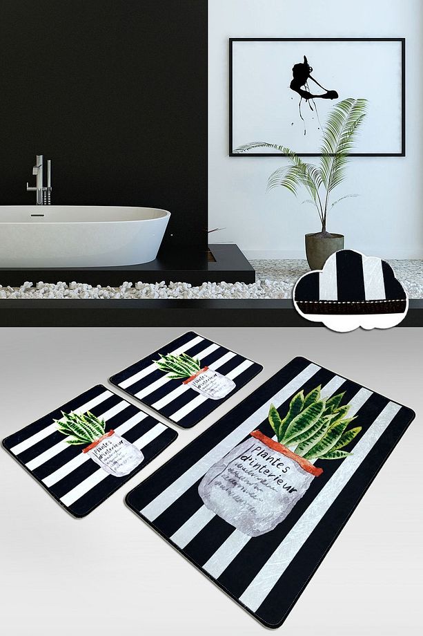 Aloevera 3'lü Set Banyo Halısı Paspas Yıkanabilir Kaymaz Taban Klozet Takımı Djtbanyo - 1