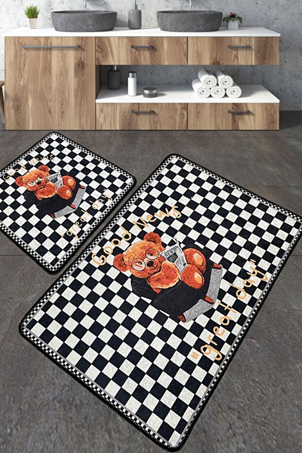 Djt Set of 2 - Non-Slip Mat Washable Bathroom Rug, Gazette Design