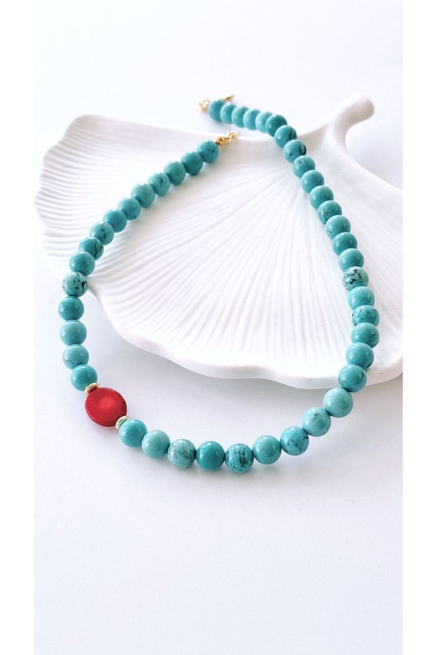 Turquoise and Coral Natural Stone Custom Designed Necklace