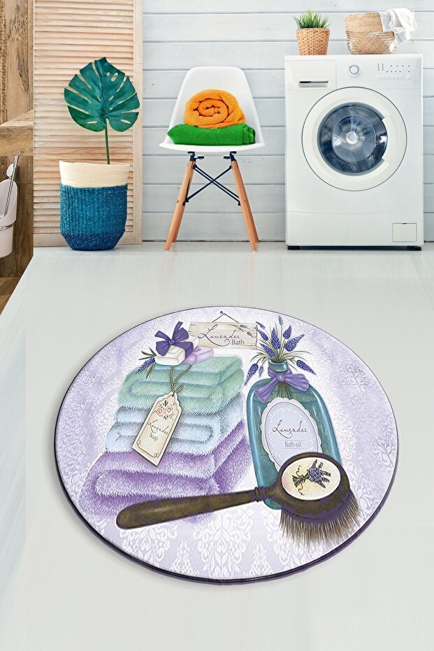 Lavender 100x100 Cm Diameter Bathroom Carpet Djt Washable Non-Slip Base Mat Toilet Seat Set