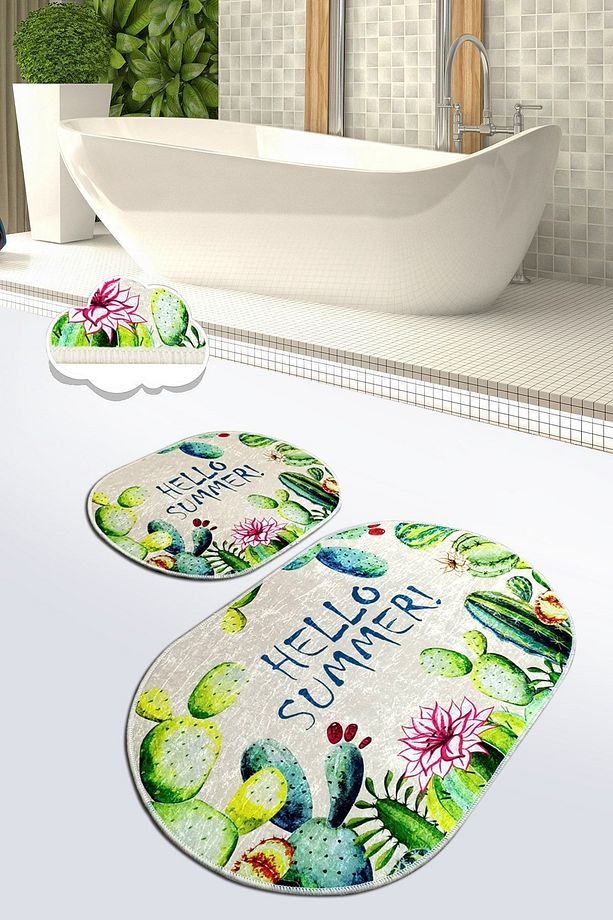 Hello Summer 2'li Set Banyo Halısı Paspas Yıkanabilir Kaymaz Taban Klozet Takımı Djtbanyo - 1