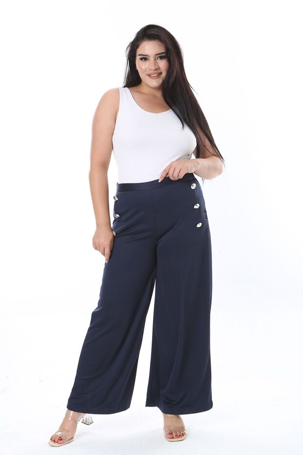 Women's Plus Size Navy Blue Ornamental Button Wide Leg Pocketless Pants 65N38308