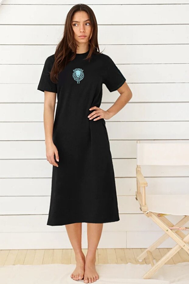 Spotted Lamb Black Crew Neck Short Sleeve Combed Cotton Long Dress