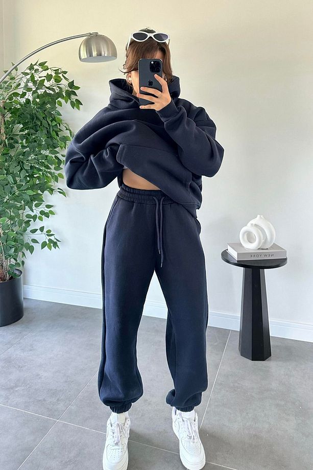 Kadın Oversize Trend  Model Kanguru Cep Kapşonlu Sweatshirt Eşofman Takımı - 1